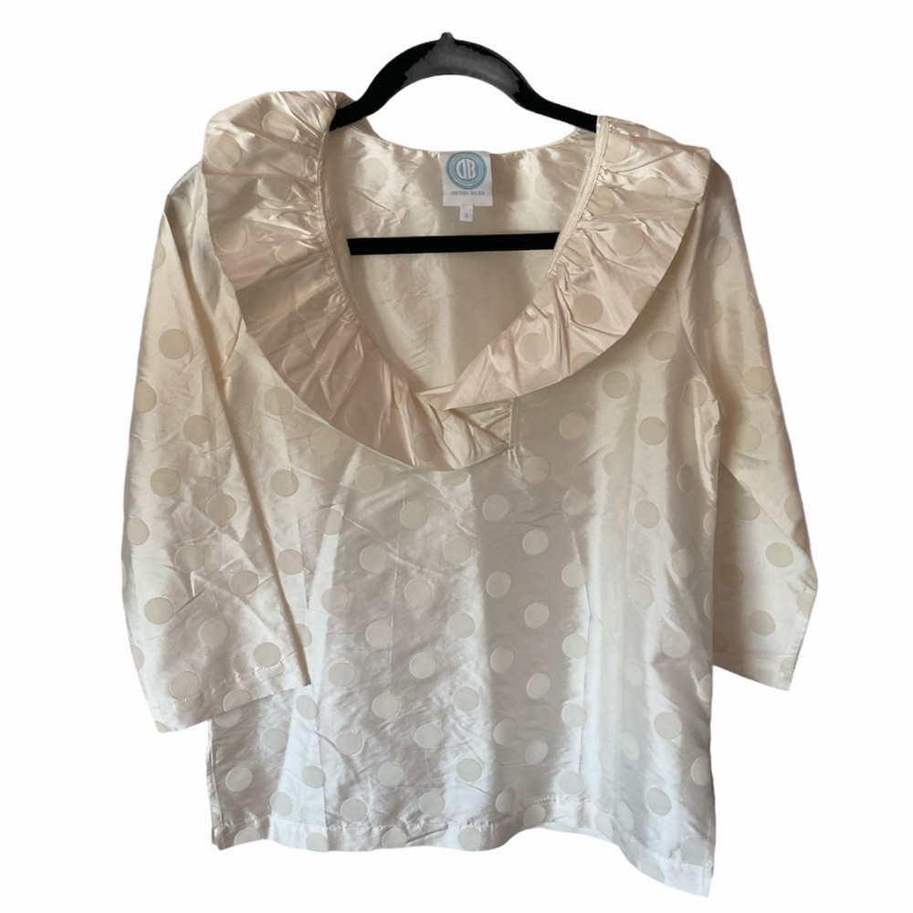 Devon Baer Ivory Silk Polka Dot Ruffle Top Sz. S - Picture 3 of 7